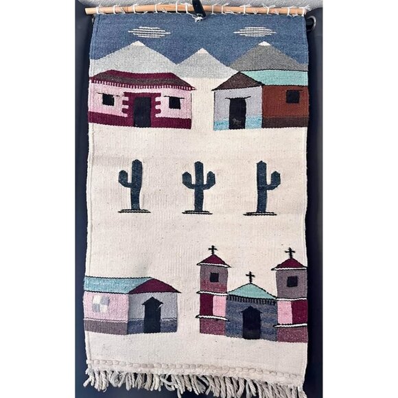 VTG-Mexican Zapotec Woven Wool Textile Tapestry church mountains houses theme - Picture 1 of 9